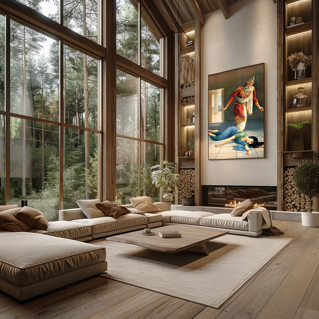 This captivating artwork masterfully portrays a dramatic scene of intrigue and downfall within a for Living Room