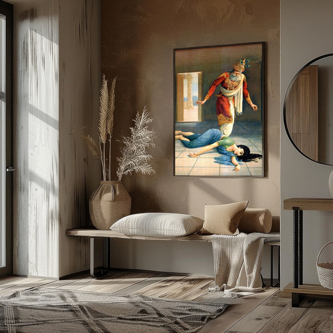 This captivating artwork masterfully portrays a dramatic scene of intrigue and downfall within a for loft