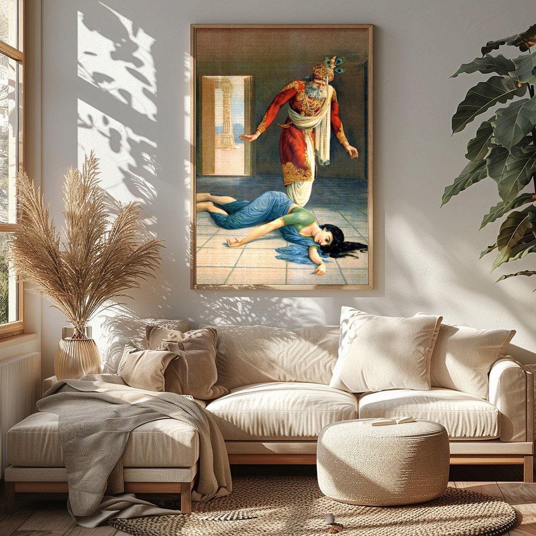 This captivating artwork masterfully portrays a dramatic scene of intrigue and downfall within a for Sitting Area