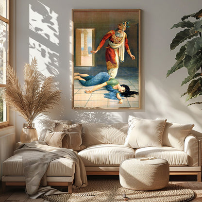 This captivating artwork masterfully portrays a dramatic scene of intrigue and downfall within a for Sitting Area