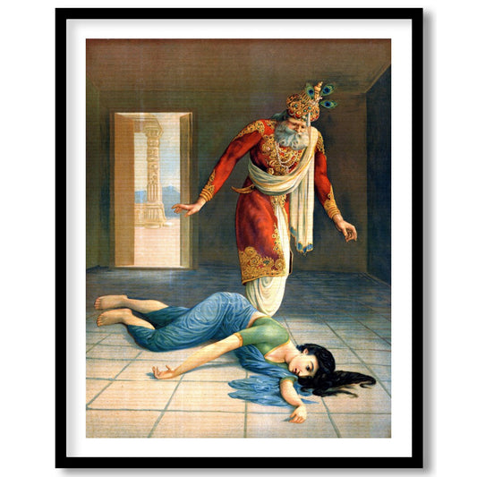 This captivating artwork masterfully portrays a dramatic scene of intrigue and downfall within a for studio