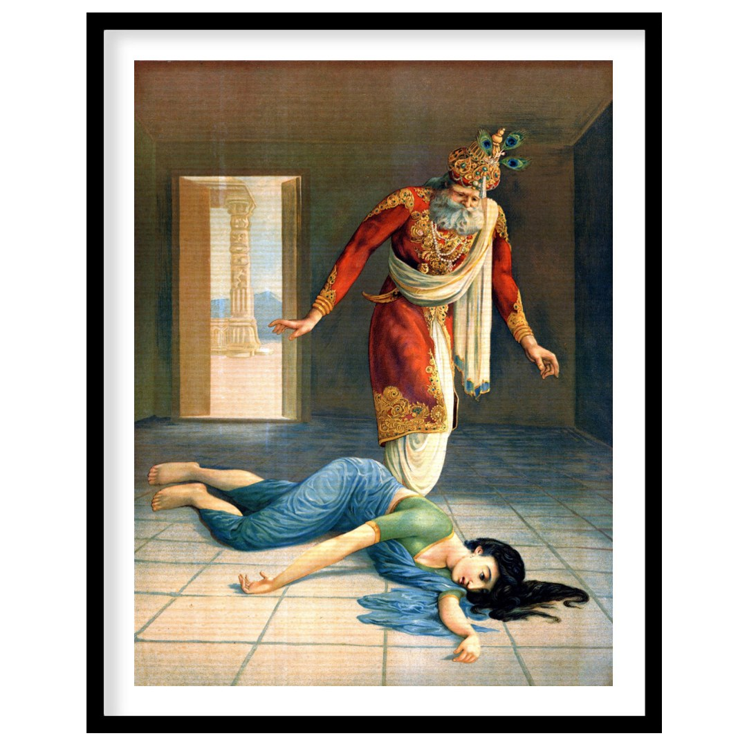 This captivating artwork masterfully portrays a dramatic scene of intrigue and downfall within a for studio