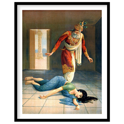 This captivating artwork masterfully portrays a dramatic scene of intrigue and downfall within a for studio