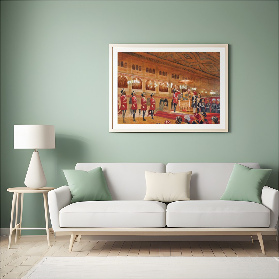 Immerse yourself in the grandeur of a royal court with this exquisite artwork. The intricate for Hall