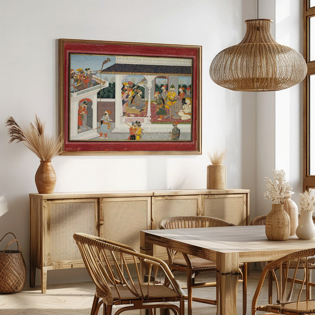 This exquisite painting captures the essence of a royal court scene, beautifully rendered in the for Dining