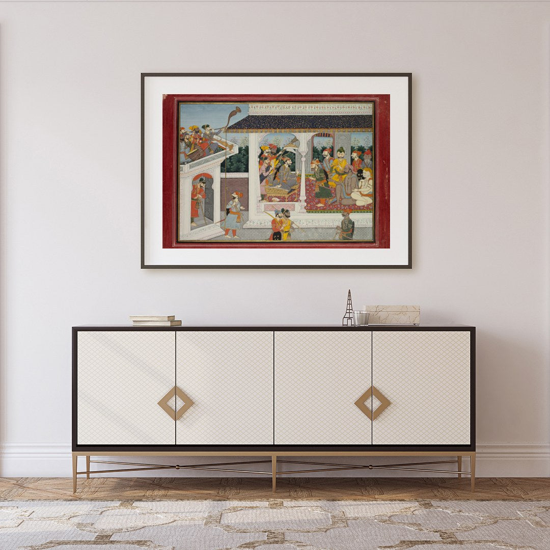 This exquisite painting captures the essence of a royal court scene, beautifully rendered in the for Foyer
