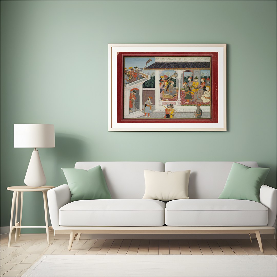 This exquisite painting captures the essence of a royal court scene, beautifully rendered in the for Hall