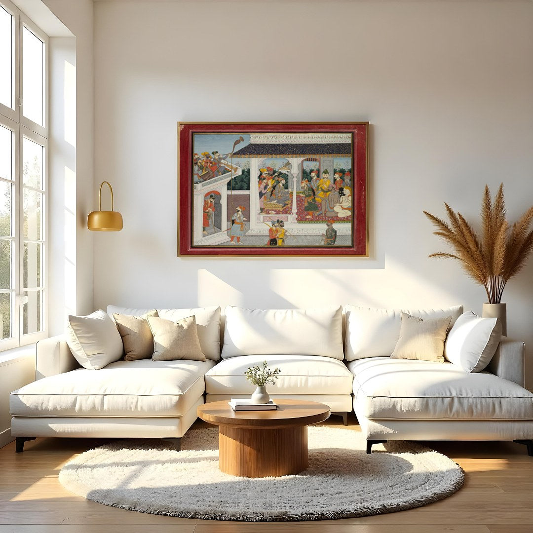 This exquisite painting captures the essence of a royal court scene, beautifully rendered in the for Living Room