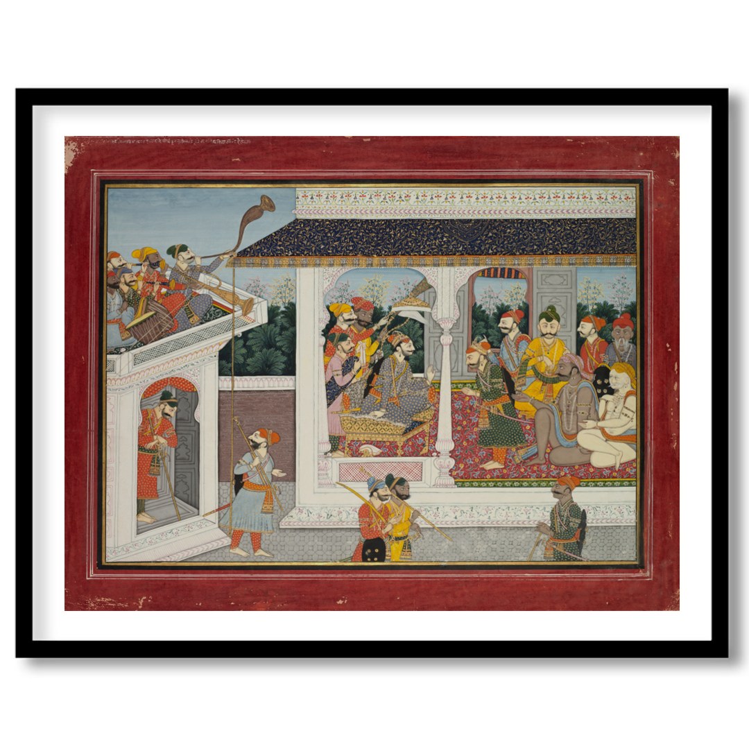 This exquisite painting captures the essence of a royal court scene, beautifully rendered in the for office