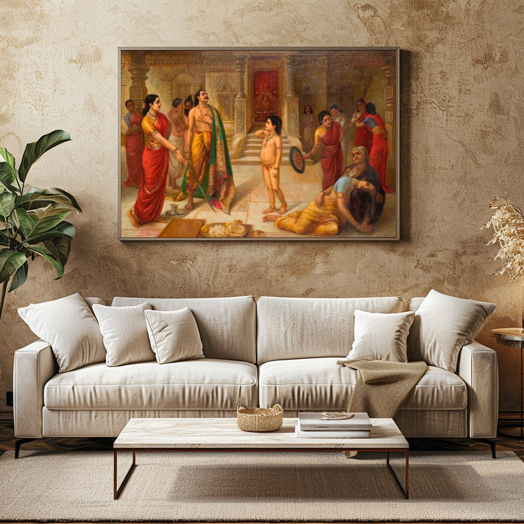 Immerse yourself in a scene of regal drama with this exquisite artwork depicting an ancient royal for Family Room