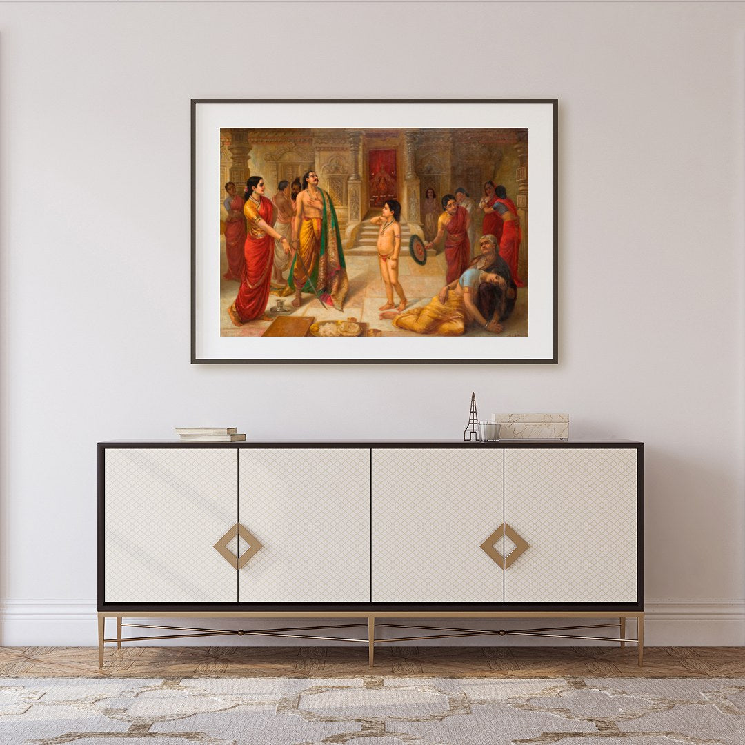 Immerse yourself in a scene of regal drama with this exquisite artwork depicting an ancient royal for Foyer