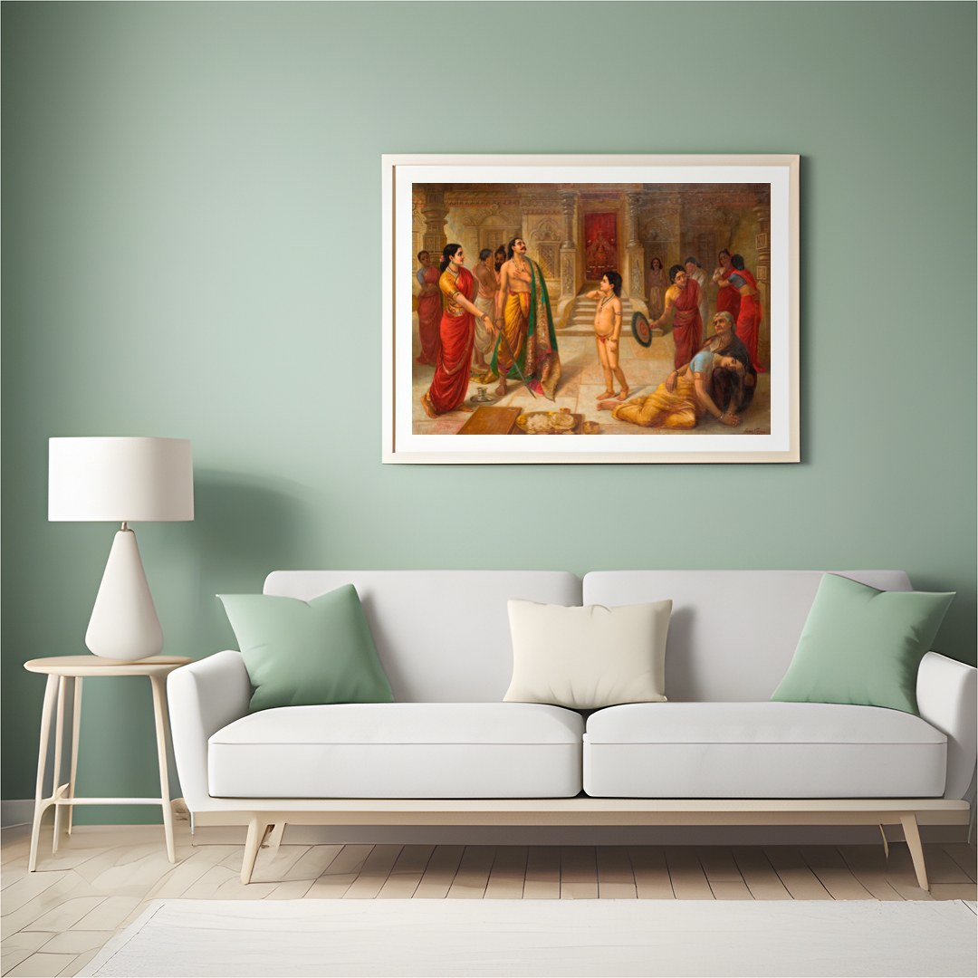 Immerse yourself in a scene of regal drama with this exquisite artwork depicting an ancient royal for Hall
