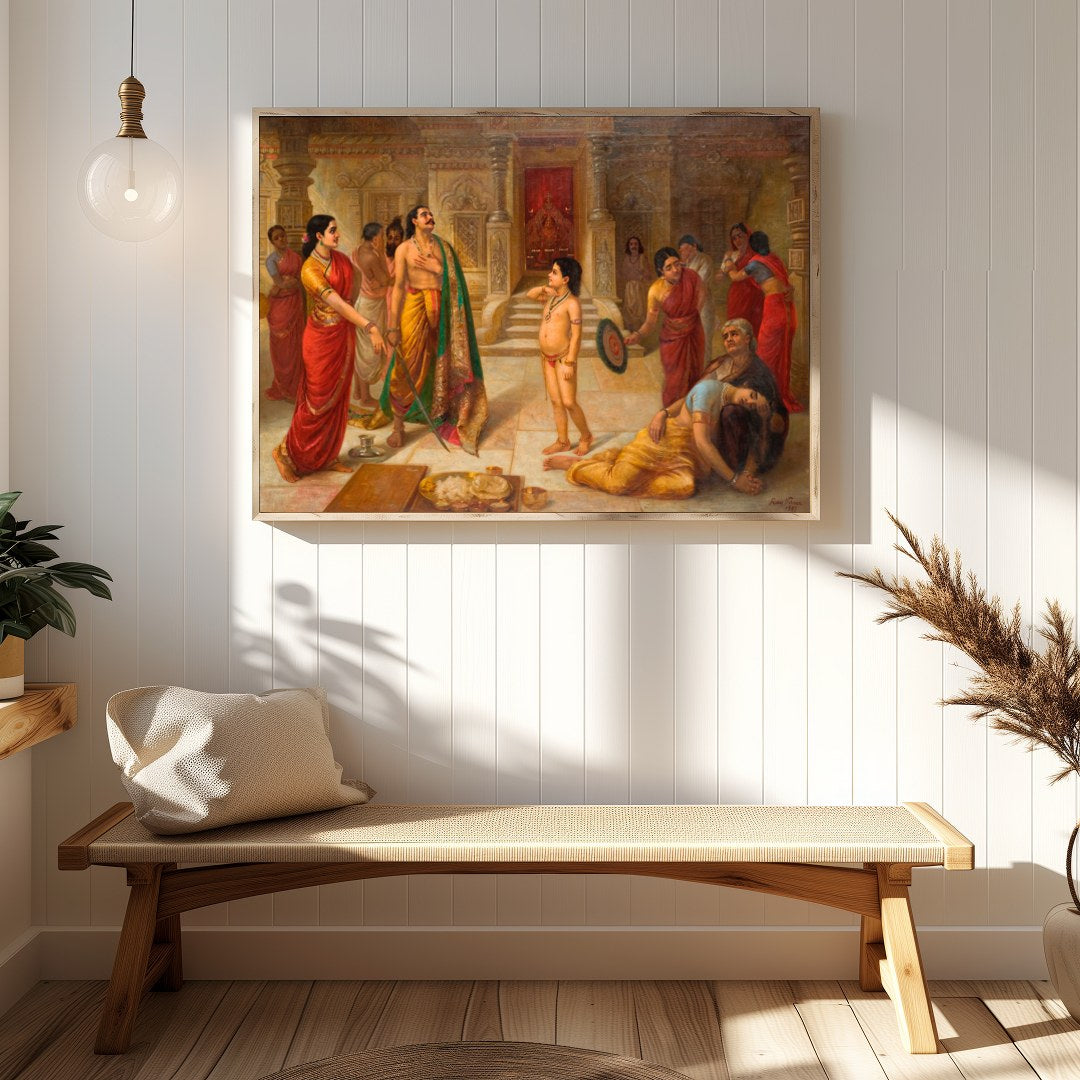 Immerse yourself in a scene of regal drama with this exquisite artwork depicting an ancient royal for Hallway
