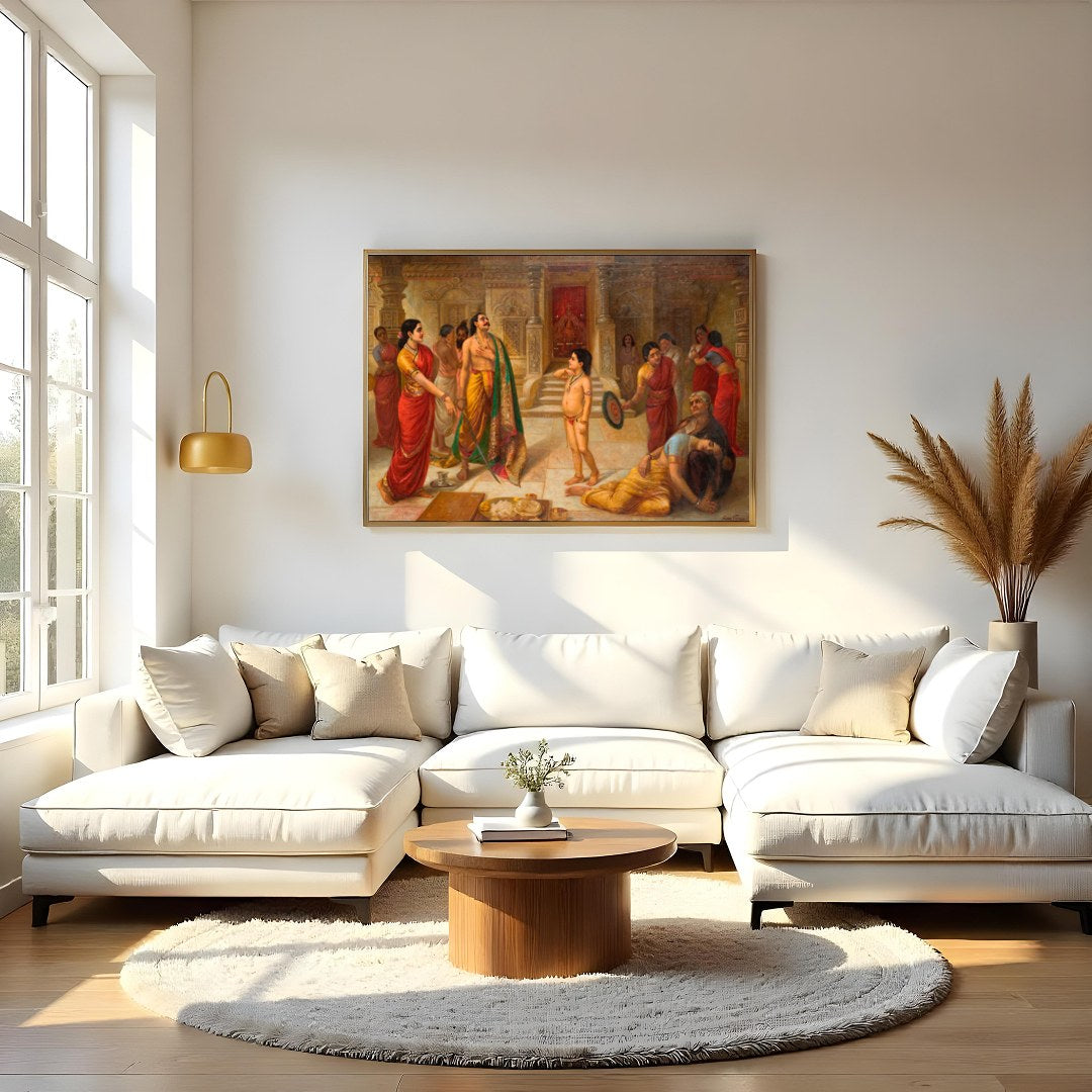 Immerse yourself in a scene of regal drama with this exquisite artwork depicting an ancient royal for Living Room