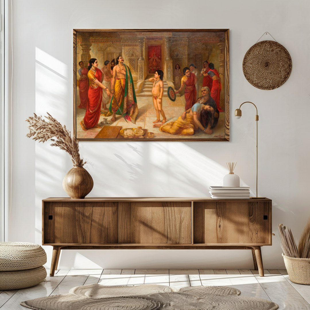 Immerse yourself in a scene of regal drama with this exquisite artwork depicting an ancient royal for Sitting Area