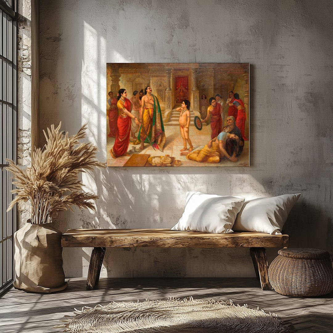 Immerse yourself in a scene of regal drama with this exquisite artwork depicting an ancient royal for Veranda