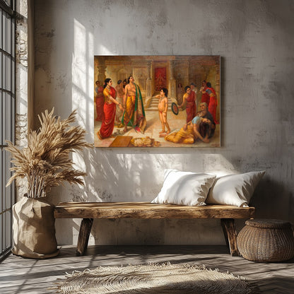 Immerse yourself in a scene of regal drama with this exquisite artwork depicting an ancient royal for Veranda