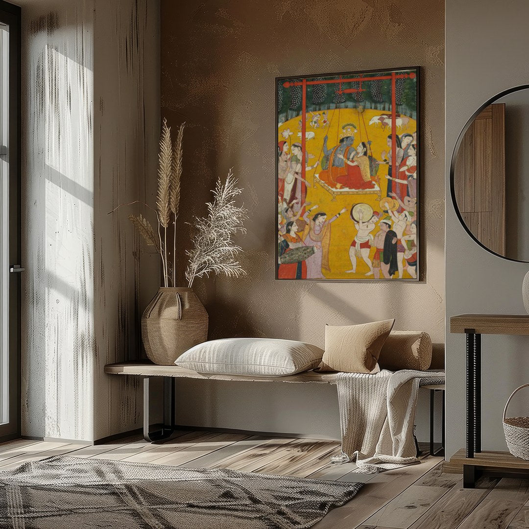 Experience the grandeur of royal festivities with this traditional Indian artwork. Enveloped in a for abode