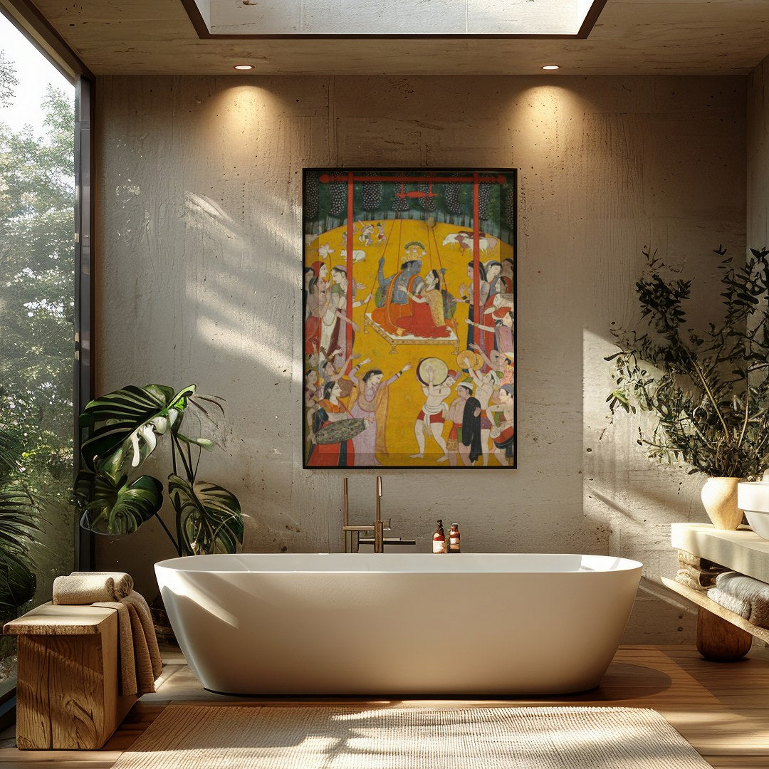 Experience the grandeur of royal festivities with this traditional Indian artwork. Enveloped in a for Bathroom