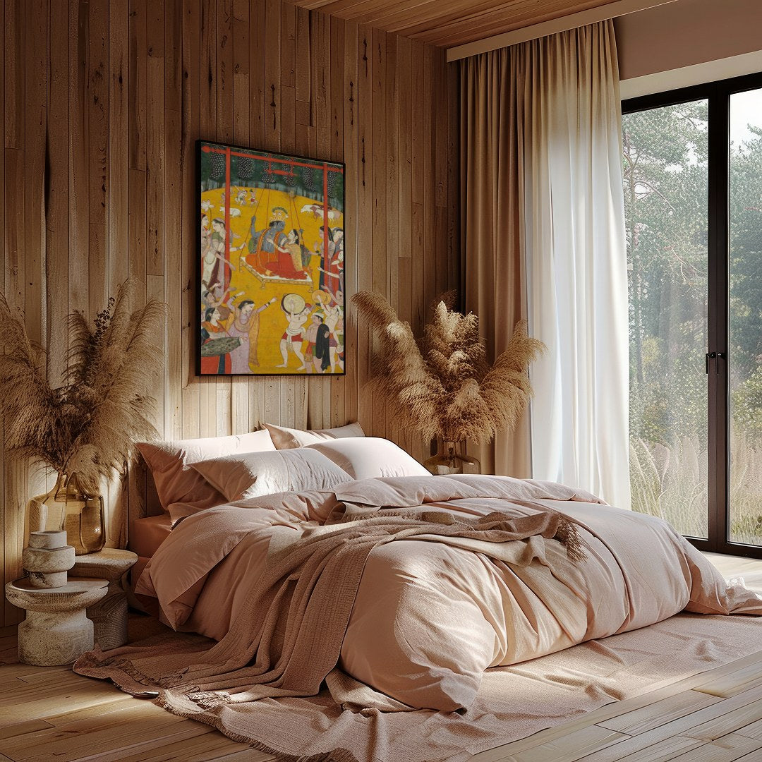 Experience the grandeur of royal festivities with this traditional Indian artwork. Enveloped in a for Bedroom