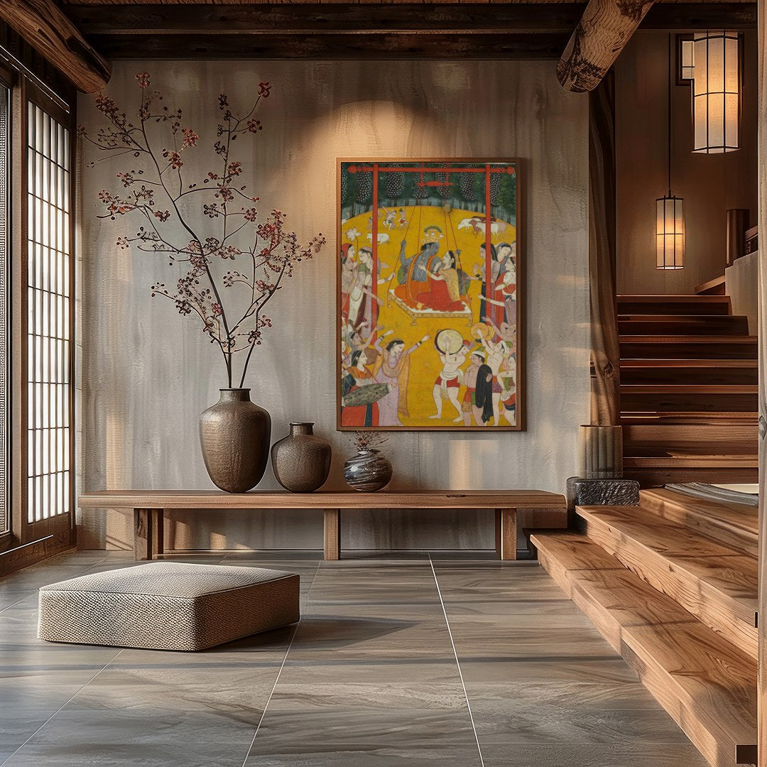 Experience the grandeur of royal festivities with this traditional Indian artwork. Enveloped in a for Hall
