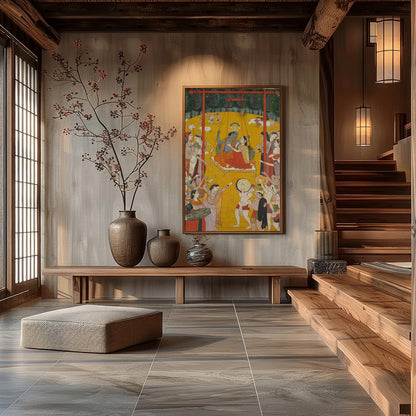 Experience the grandeur of royal festivities with this traditional Indian artwork. Enveloped in a for Hall