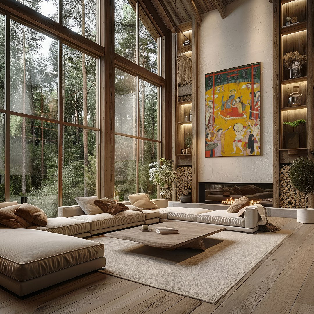 Experience the grandeur of royal festivities with this traditional Indian artwork. Enveloped in a for Living Room