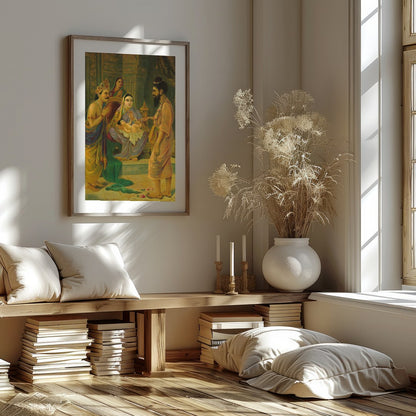 Step back in time with this exquisite artwork depicting a significant encounter in ancient India. for abode