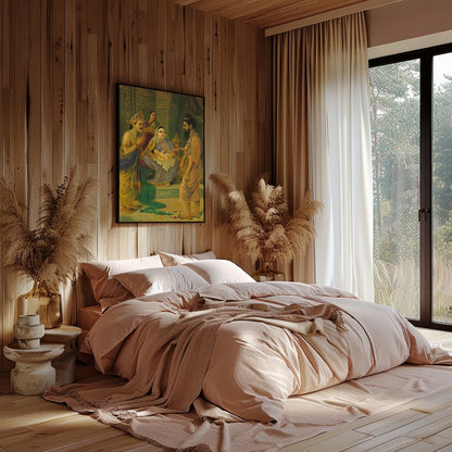 Step back in time with this exquisite artwork depicting a significant encounter in ancient India. for Bedroom
