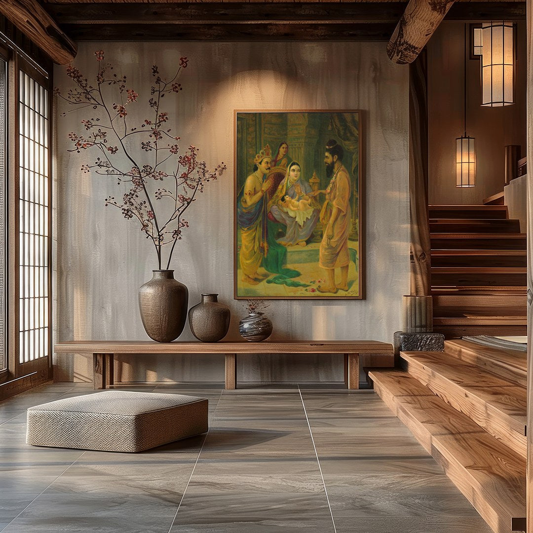 Step back in time with this exquisite artwork depicting a significant encounter in ancient India. for Hall