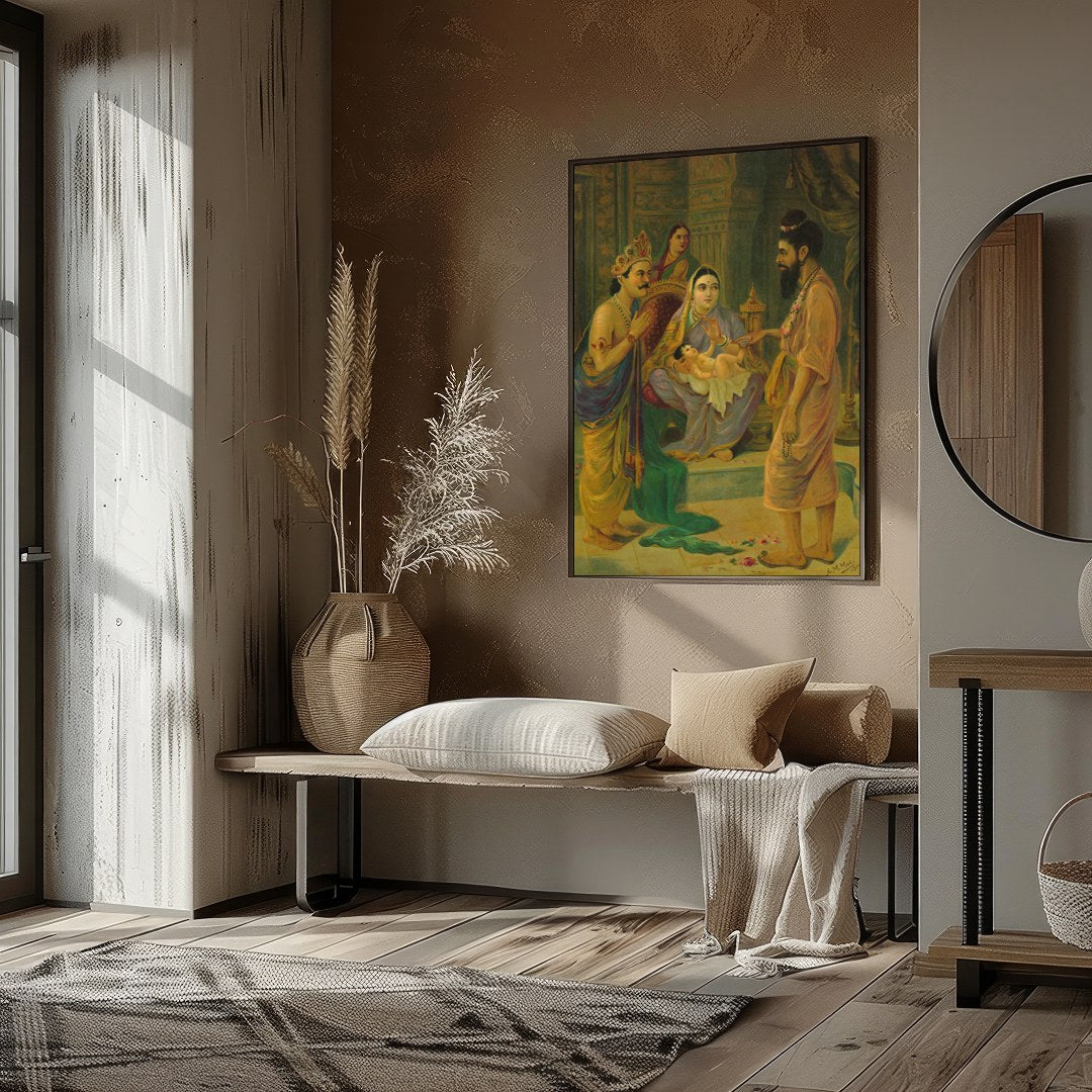 Step back in time with this exquisite artwork depicting a significant encounter in ancient India. for room