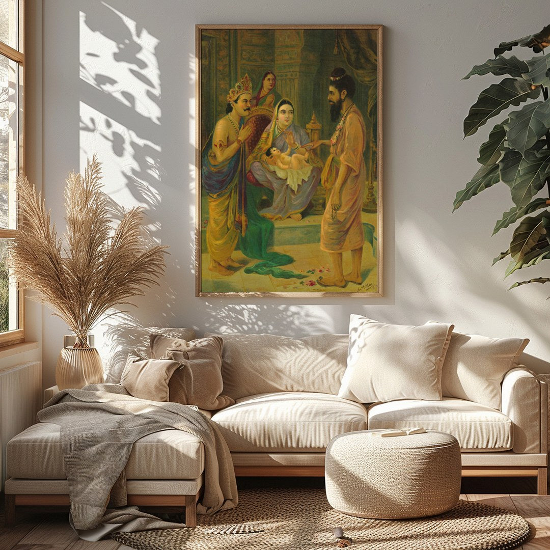 Step back in time with this exquisite artwork depicting a significant encounter in ancient India. for Sitting Area