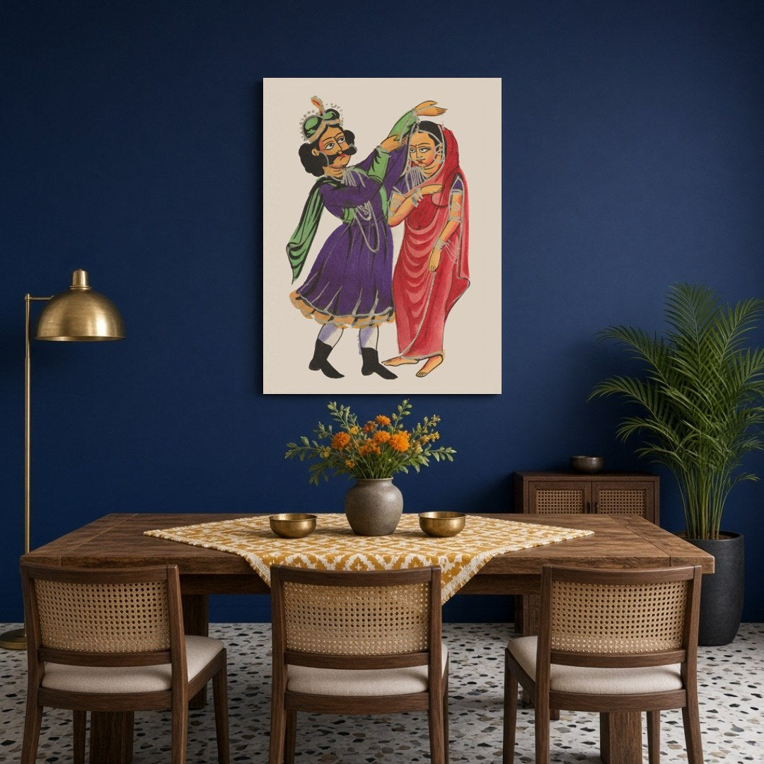 Experience the captivating narrative of love and royalty with this exquisite Kalighat painting for Dining