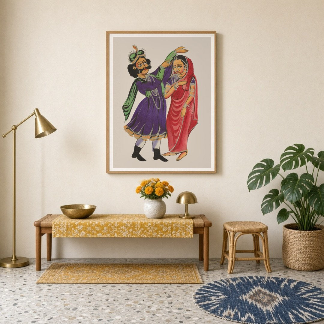 Experience the captivating narrative of love and royalty with this exquisite Kalighat painting for Entrance