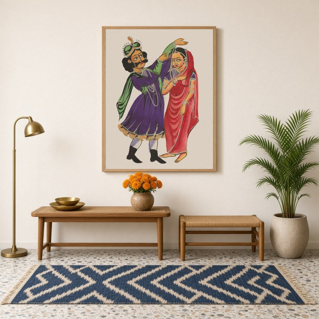 Experience the captivating narrative of love and royalty with this exquisite Kalighat painting for Hallway