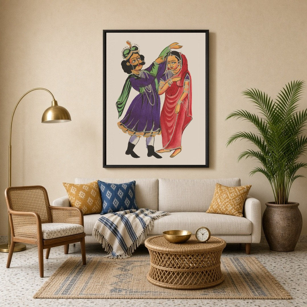 Experience the captivating narrative of love and royalty with this exquisite Kalighat painting for Living Room