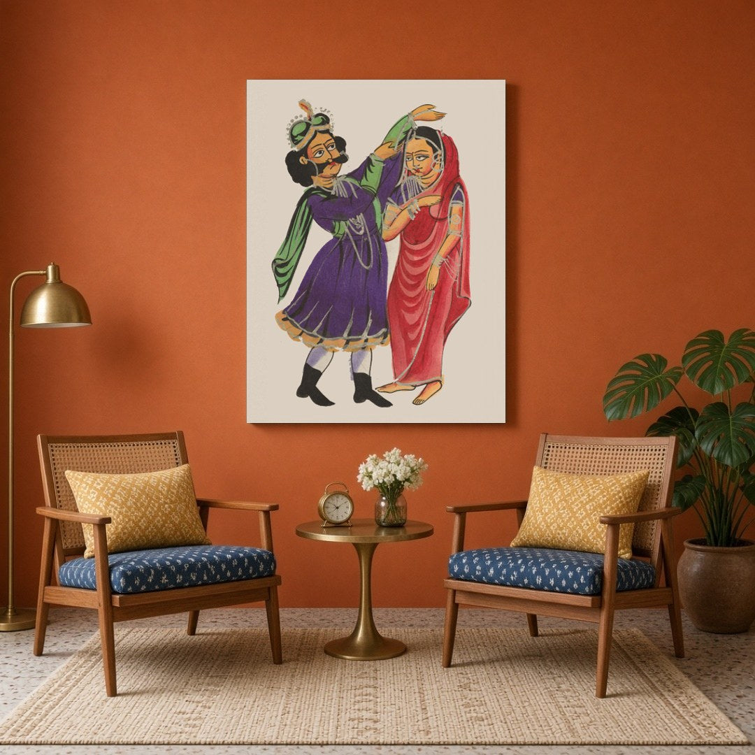Experience the captivating narrative of love and royalty with this exquisite Kalighat painting for Sitting Area