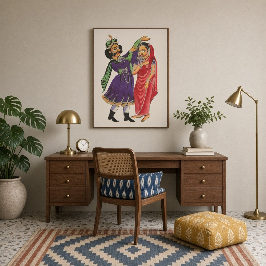 Experience the captivating narrative of love and royalty with this exquisite Kalighat painting for Study