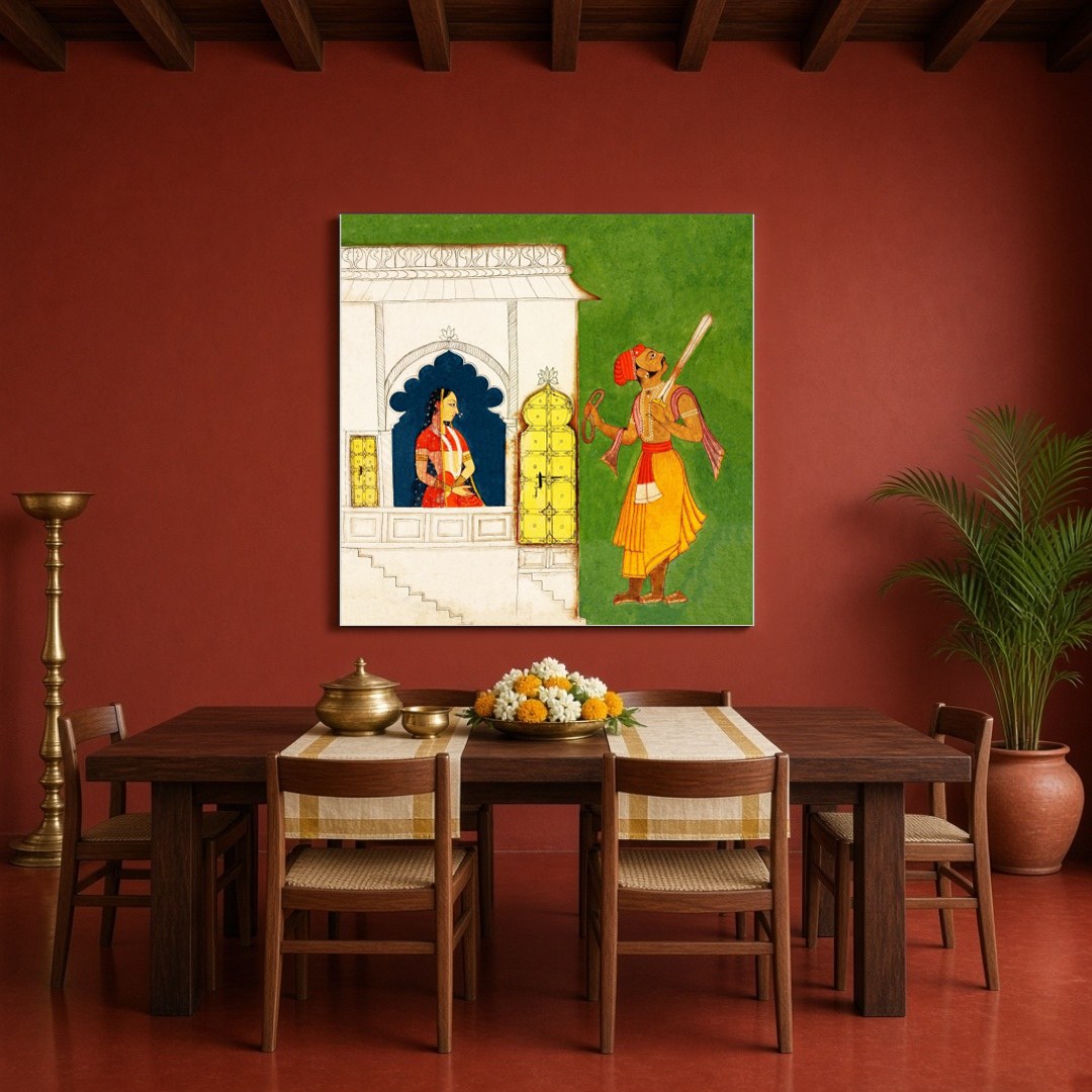 Immerse yourself in the intricacies of this Indian Miniature art depicting a regal princess and a for Dining