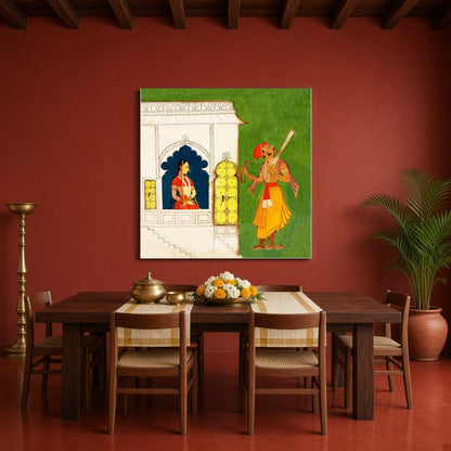 Immerse yourself in the intricacies of this Indian Miniature art depicting a regal princess and a for Dining
