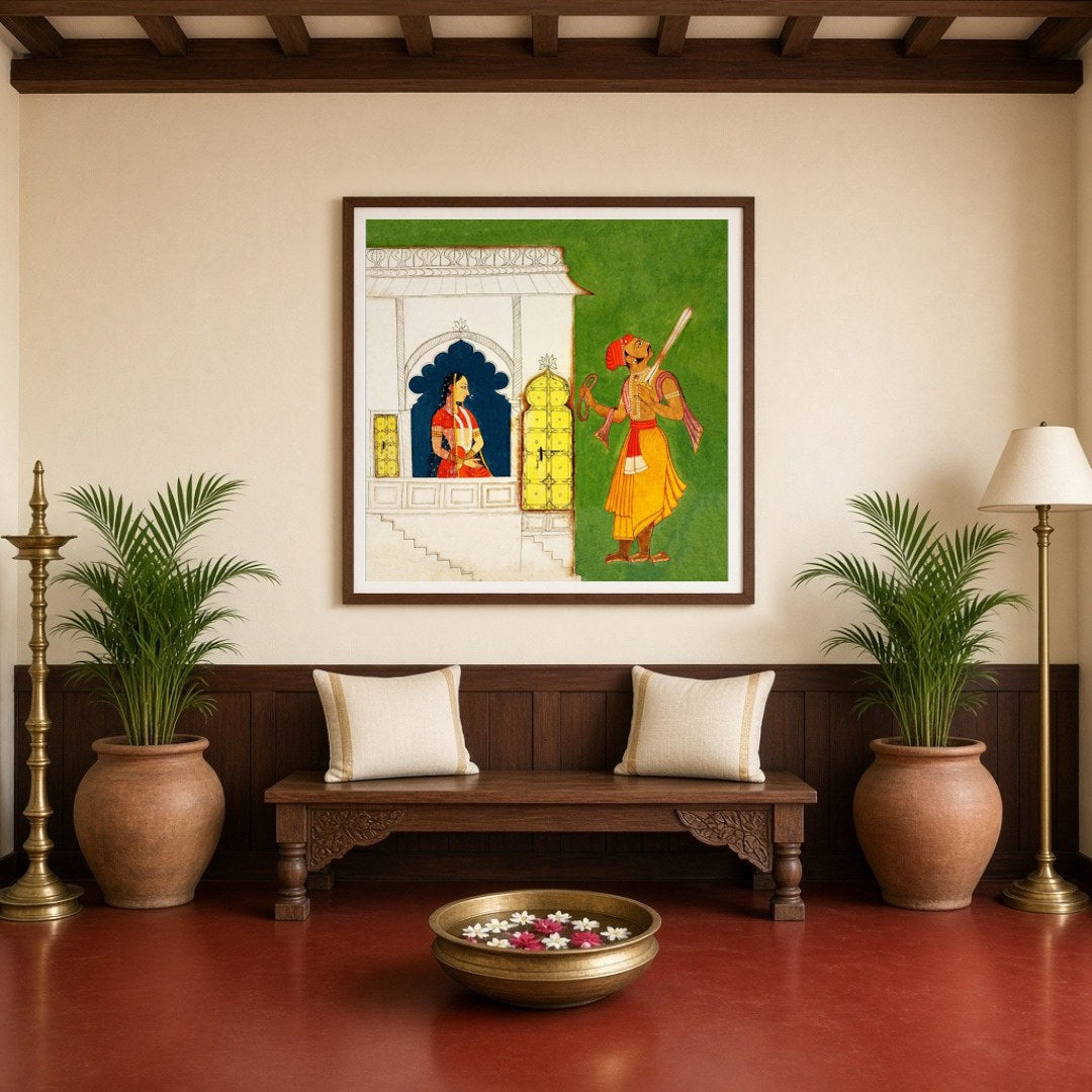 Immerse yourself in the intricacies of this Indian Miniature art depicting a regal princess and a for Entrance