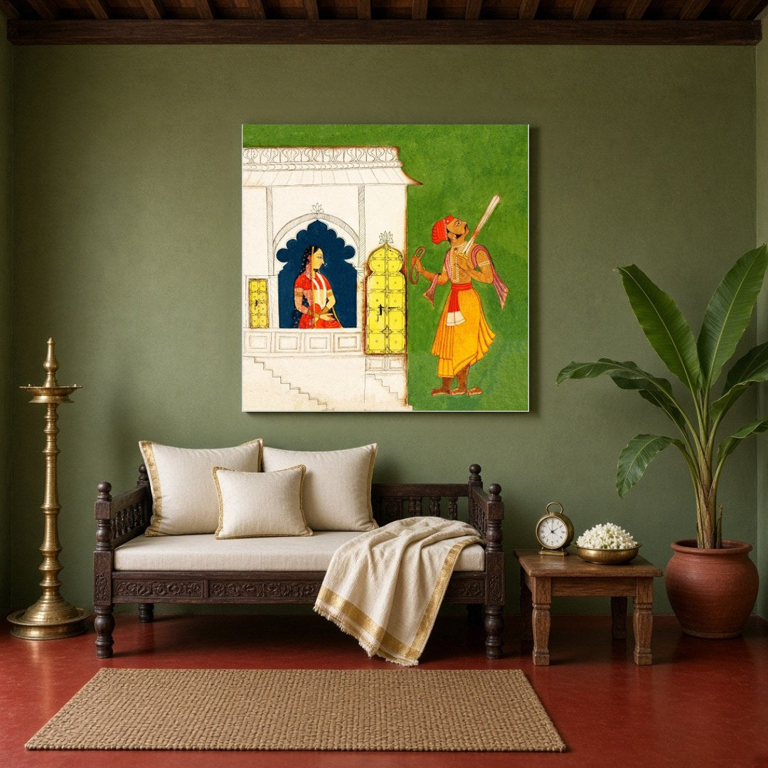 Immerse yourself in the intricacies of this Indian Miniature art depicting a regal princess and a for Sitting Area