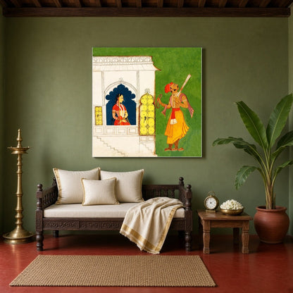 Immerse yourself in the intricacies of this Indian Miniature art depicting a regal princess and a for Sitting Area