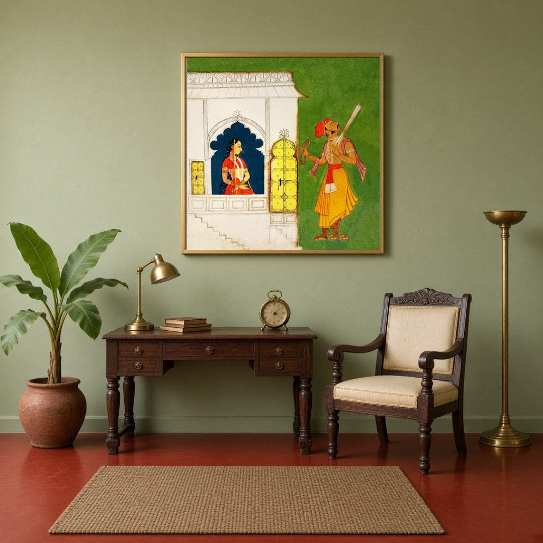 Immerse yourself in the intricacies of this Indian Miniature art depicting a regal princess and a for Study