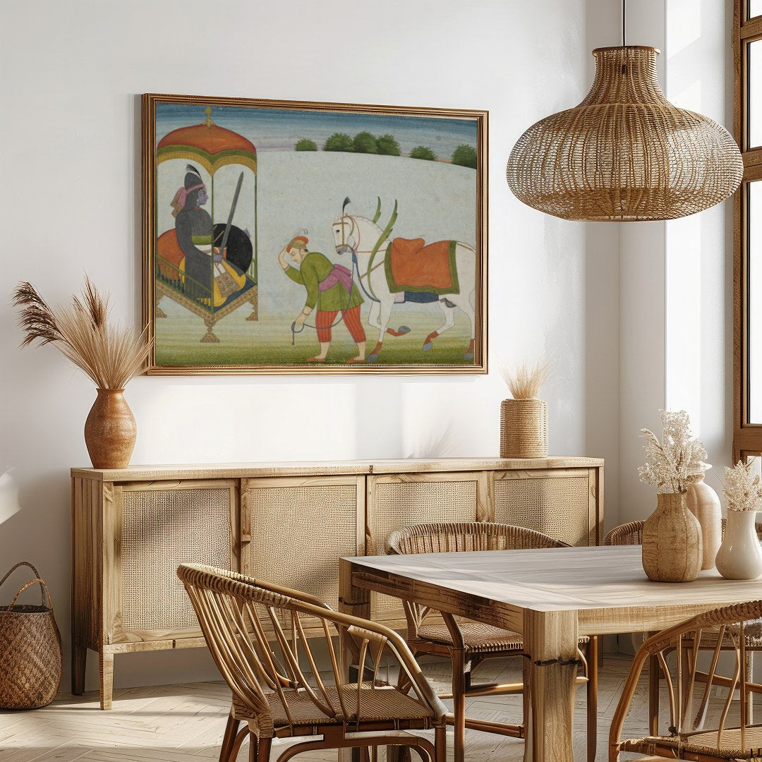 This exquisite painting depicts a regal scene with a noble figure and a caravan led by a horse. The for Dining