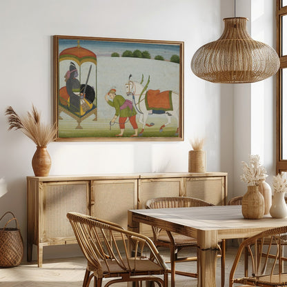 This exquisite painting depicts a regal scene with a noble figure and a caravan led by a horse. The for Dining