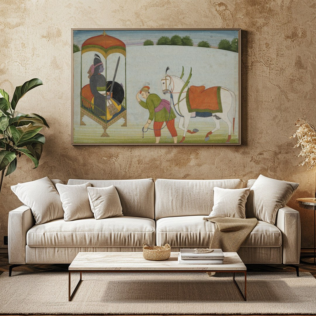 This exquisite painting depicts a regal scene with a noble figure and a caravan led by a horse. The for Family Room