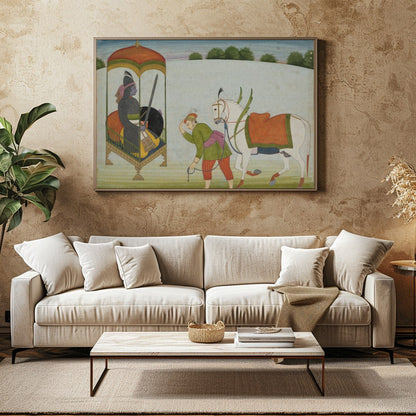 This exquisite painting depicts a regal scene with a noble figure and a caravan led by a horse. The for Family Room