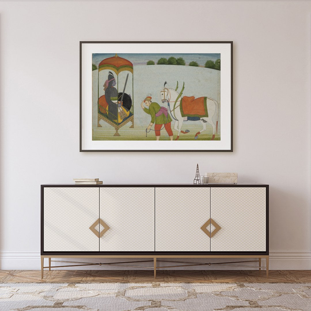 This exquisite painting depicts a regal scene with a noble figure and a caravan led by a horse. The for Foyer