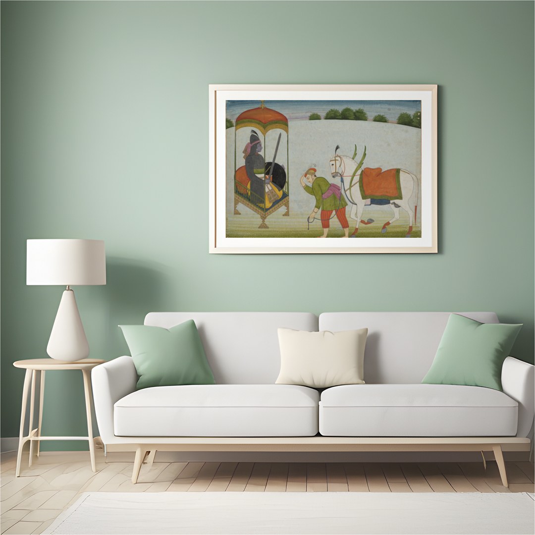 This exquisite painting depicts a regal scene with a noble figure and a caravan led by a horse. The for Hall